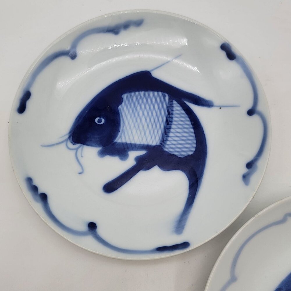 Blue & White Fish Porcelain Plates Set Of 2 - Picture 5 of 6
